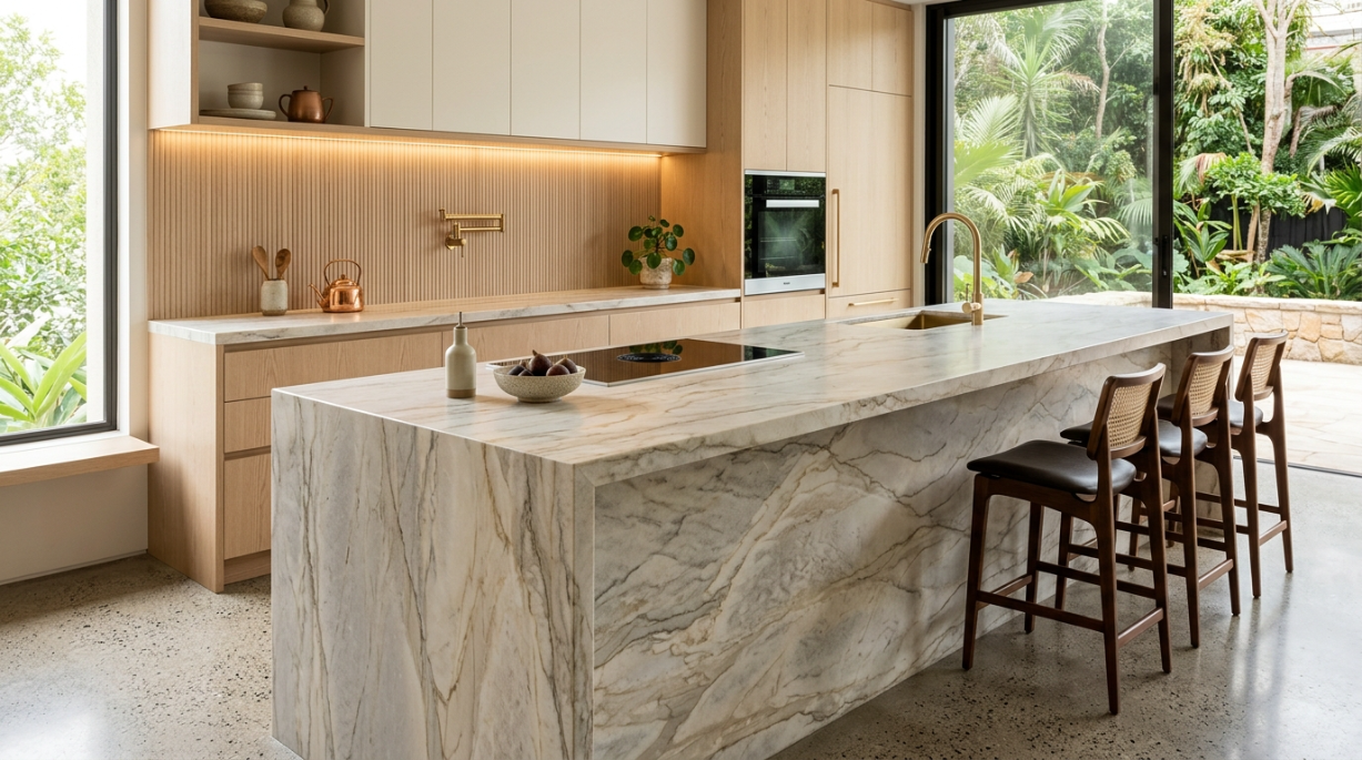 Bancada de ilha em quartzito natural em cozinha sofisticada