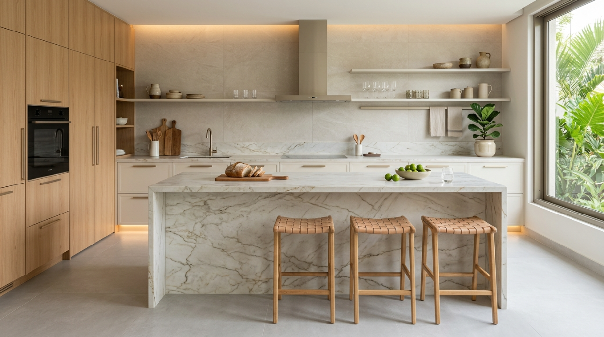 Pedra natural ou porcelanato aplicados em cozinha contemporânea sofisticada