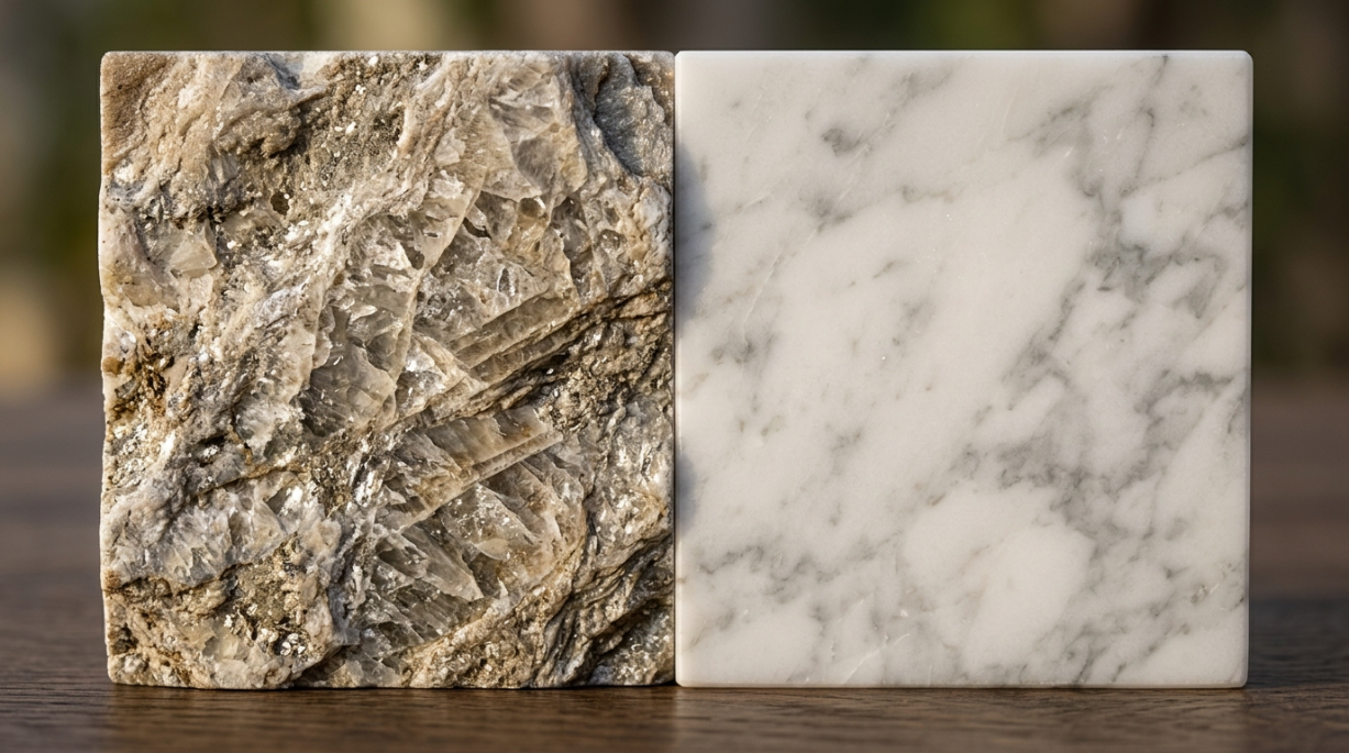 Quartzito natural aplicado em ilha de cozinha sofisticada com painel em mármore