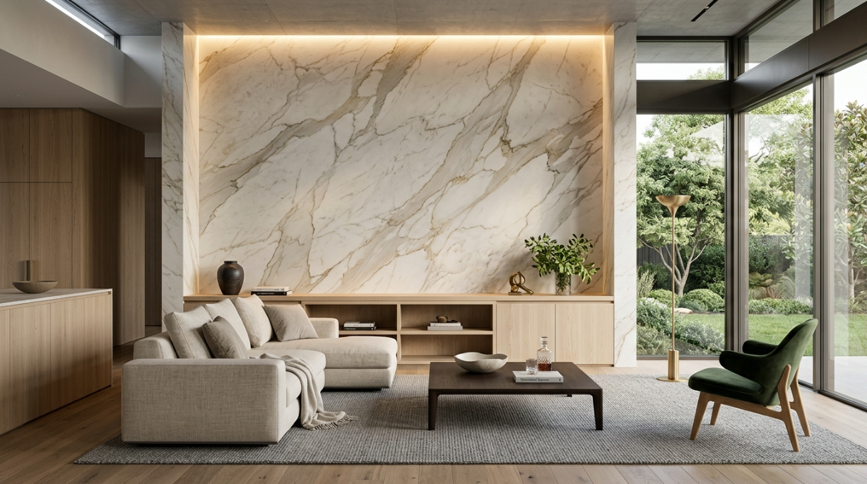 Veios do mármore em painel sofisticado de projeto contemporâneo