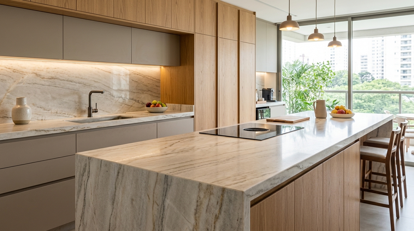 Bancadas de cozinha sob medida na Zona Sul de São Paulo em cozinha contemporânea com ilha de pedra natural.