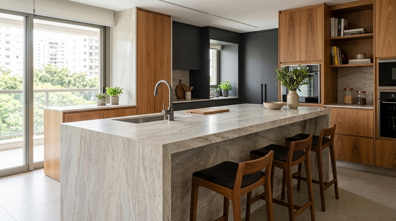 Marmoraria na Zona Sul de São Paulo em projeto de cozinha com bancada de pedra natural.