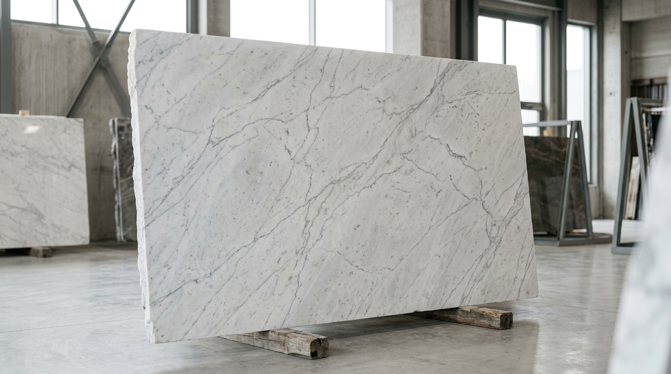 Mármore Carrara branco com veios cinza em chapa de pedra natural.