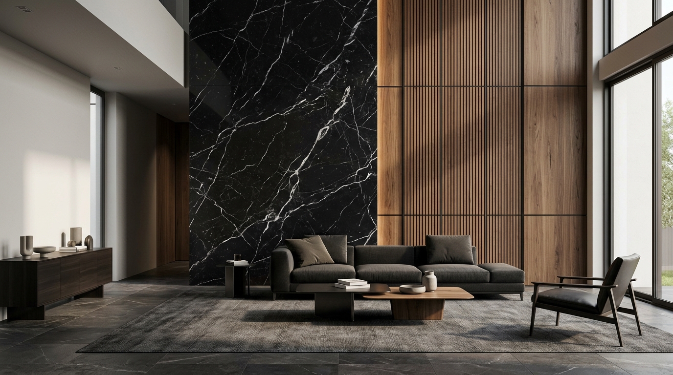 Mármore Nero Marquina preto com veios brancos em ambiente sofisticado