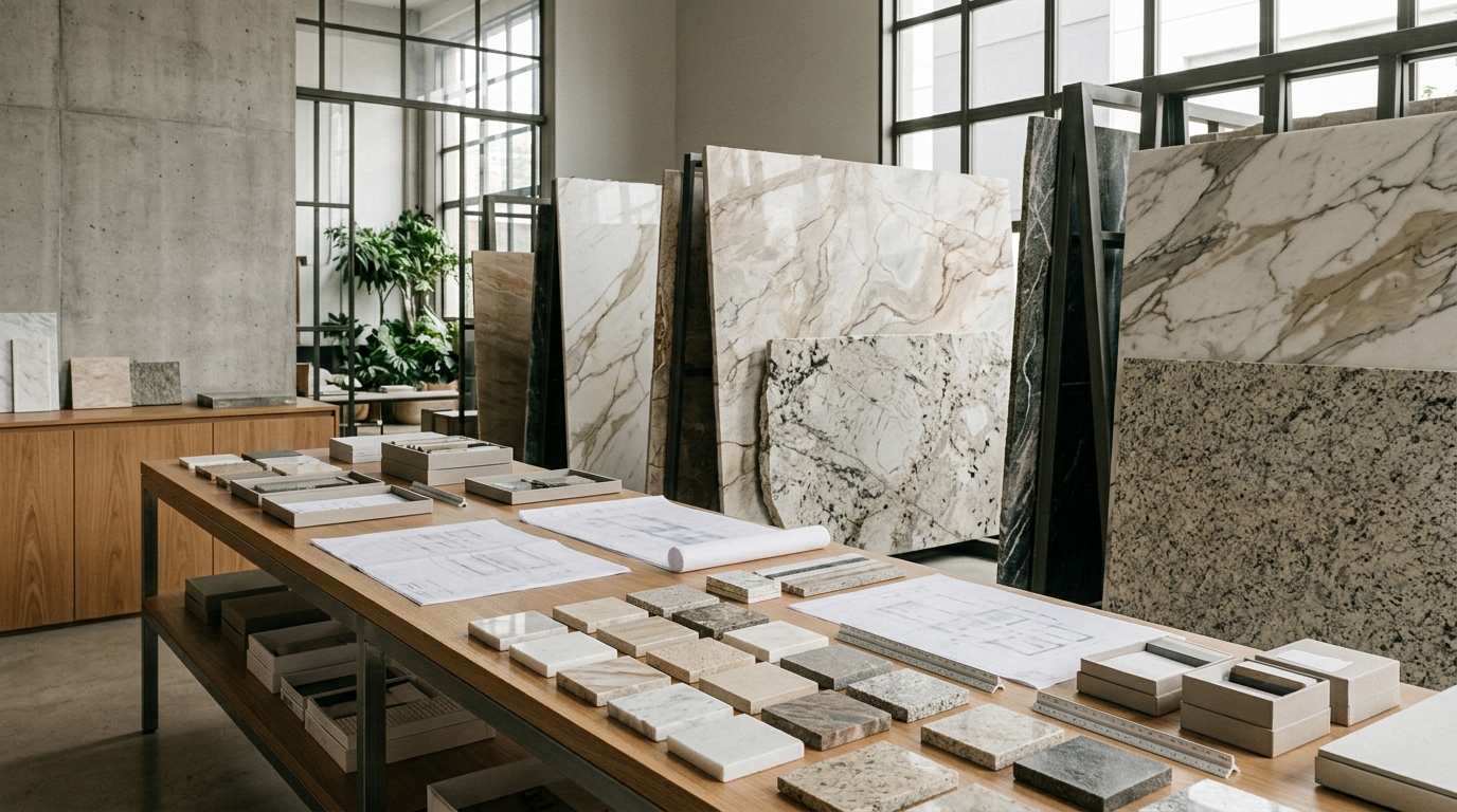 Pedras naturais para arquitetos, com amostras de mármore, granito e quartzito para projetos de interiores.